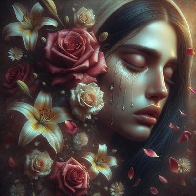 The primary subject of the image is a woman with a tear on her face, surrounded by a beautiful floral arrangement. The setting is a vibrant and colorful garden, with a variety of flowers and lilies. The visual style is a digital art or illustration, creating a captivating and emotional scene. The colors and mood of the image are predominantly warm and inviting, with the woman's tear adding a touch of vulnerability and emotion to the overall atmosphere.